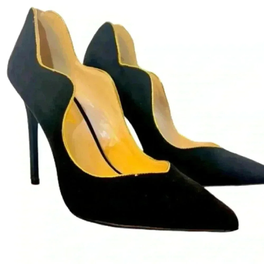 LEMON DROP BY PRIVILEGED BLACK HEELS GOLD TRIM SIZE 8.5 - Picture 2 of 15
